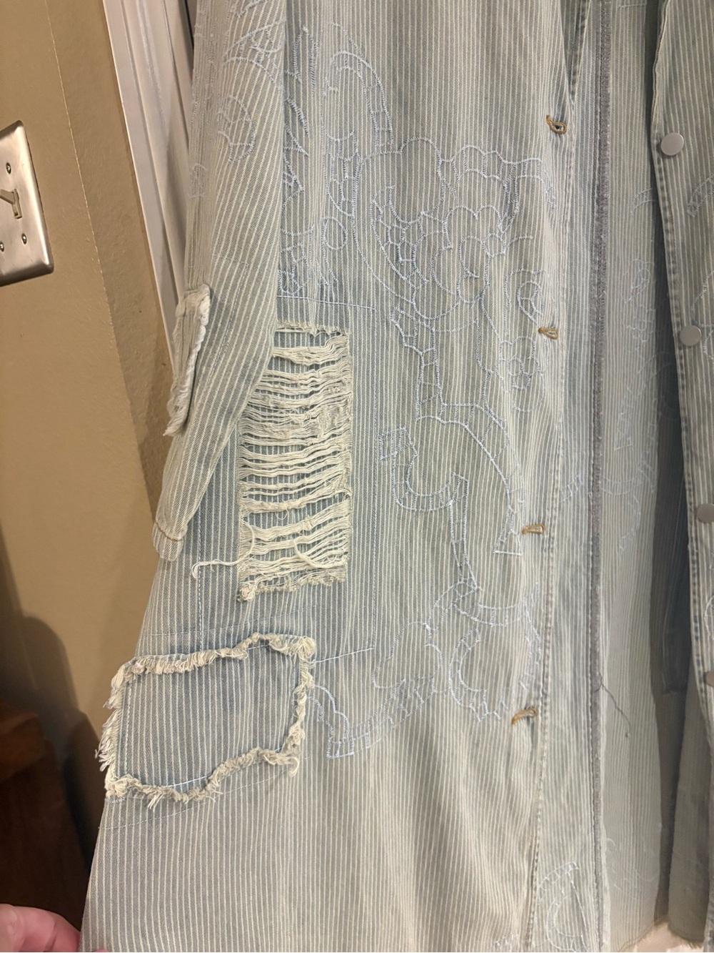 POL Clothing Distressed Pinstripe Duster Coat Boho Grunge Jacket M Art to wear - Picture 9 of 14